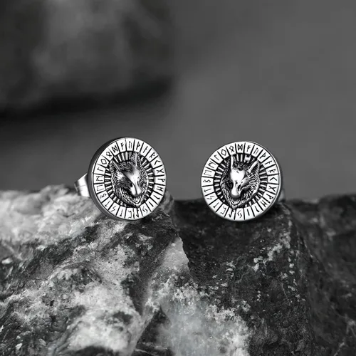 Miniatura 8 de FaithHeart Aretes de tuerca vikingos nórdicos para hombres y mujeres, de acero inoxidable, con diseño de valknutbrújulanudo celtacabeza de lobo