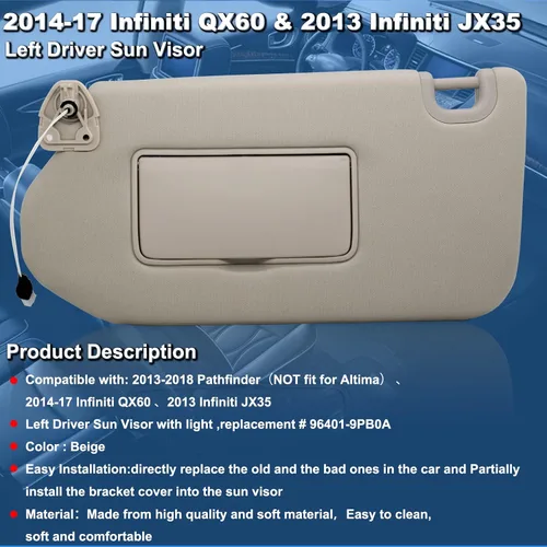 Miniatura 2 de NHILES Visera Solar Izquierda del Conductor con Lámpara y Espejo para Nissan Pathfinder 2013-2020 2014-2020 Infiniti QX60 y 2013 Infiniti JX35, OEM