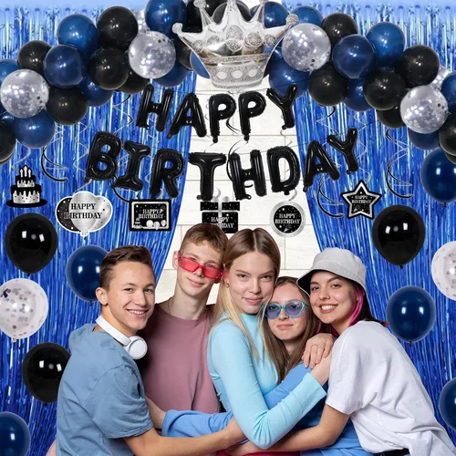 Miniatura 4 de Decoraciones de cumpleaños para niños, hombres, mujeres y niñas, decoración de fiesta de feliz cumpleaños azul y negro, pancarta de feliz
