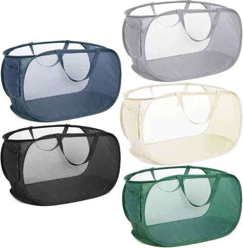 Miniatura 33 de Cesta de lavandería desplegable de malla resistente, cestas plegables con bolsillo lateral, cesta de ropa plegable con asas de transporte reforzadas