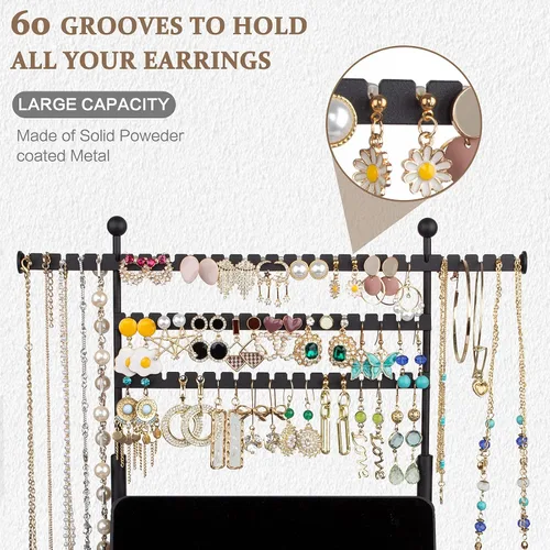 Miniatura 3 de SOLIMINTR Organizador de joyas, soporte de joyería con soporte de exhibición de collares, organizador de aretes de 3 niveles, bandeja base de madera