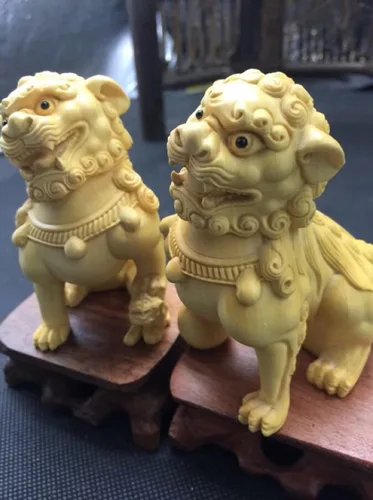 Miniatura 7 de Feng Shui - Par de estatuas de perros Fu Foo, adornos de estatua de Kylin de madera maciza, protección de energía malvada, estatua de Pixiu/Piyao