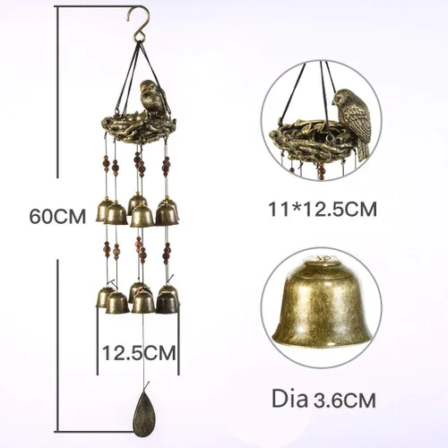 Miniatura 2 de Carillón de viento de pájaros y nido, 12 campanas de bronce Grace para jardín, patio, patio y decoración del hogar con gancho (NC06)