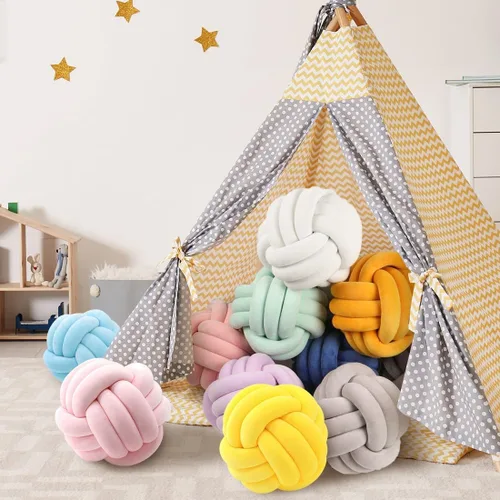 Miniatura 7 de Almohada Bola de Nudo Gris, Almohada Decorativa Hecha a Mano, Cojín Redondo Suave Anudado para Sofá y Dormitorio, Linda Decoración del Hogar