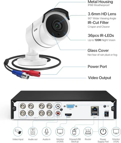 Miniatura 8 de ZOSI Sistema de cámara de seguridad para el hogar 8CH 3K Lite, detección de humanos y vehículos, visión nocturna de 120 pies, 4 cámaras de metal