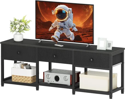 YATINEY Soporte de TV con 3 cajones de tela para TV de hasta 50 pulgadas, consola multimedia industrial de 47.2 pulgadas, centro de entretenimiento
