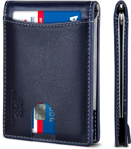 Miniatura 26 de SERMAN BRANDS - Billetera sencilla de cuero genuino con bloqueo RFID para hombre, billetera delgada con bolsillo frontal y clip para dinero