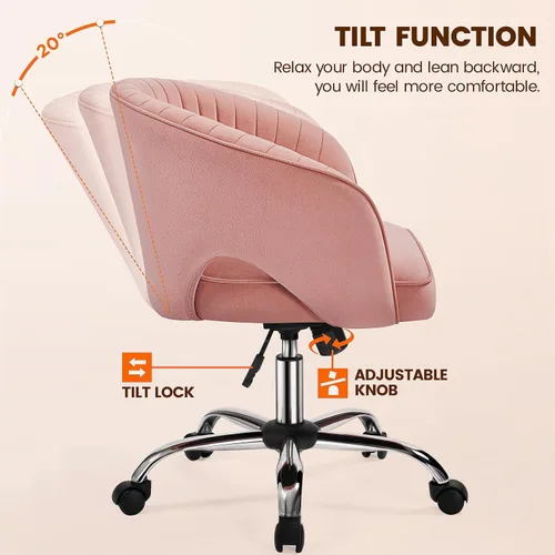 Miniatura 5 de Topeakmart Moderna silla de terciopelo para tocador, silla de escritorio de maquillaje, sillón ajustable con respaldo de barril copetudo para sala
