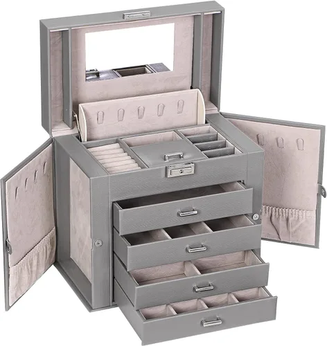 BEWISHOME Joyero organizador de caja de joyería con cajones caja organizadora de collares regalo ideal para mujeres y niñas con espejo de cerradura