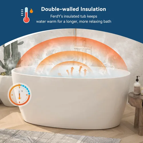 Miniatura 2 de FerdY Tahití - Bañera de acrílico independiente de 55 pulgadas, elegante bañera de remojo de forma ovalada, blanco brillante, drenaje dorado pulido