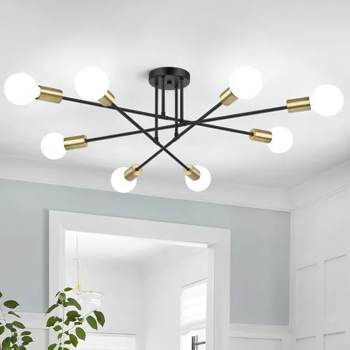 Miniatura 8 de Bosceos Lámpara de techo semiempotrada, lámpara de techo Sputnik moderna de 4 luces negras y doradas, lámpara de techo industrial para cocina