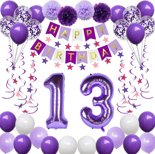 Miniatura 8 de Decoraciones de cumpleaños número 10 para niñas, globos morados de feliz cumpleaños, pancarta, globos de números, serpentinas de estrellas