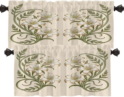 Miniatura 57 de Shrahala Art Nouveau Floral Pattern Blackout Curtain Tiers, Delicate Vine and Flower Design Kitchen Valance Light Blocking Tier Drapes with Rod