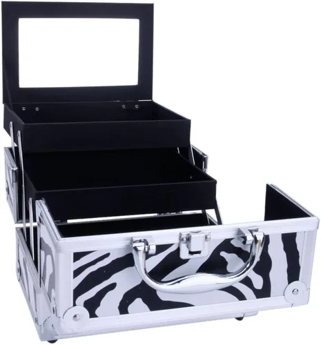 Miniatura 6 de Caja de tren de maquillaje de aluminio ligero, joyero, organizador de cosméticos con espejo (9.06 x 5.91 x 5.91) (largo x ancho x alto) cebra