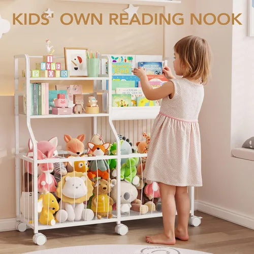 Miniatura 5 de BBLIKE Organizador de almacenamiento de animales de peluche, estantería rodante para niños y almacenamiento de juguetes con exhibición de libros