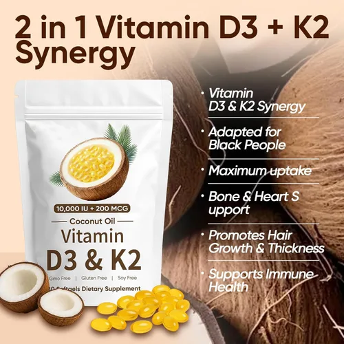 Miniatura 2 de Naturals D3 K2, Vitamina D3 10000 UI + K2 200 MCG, Vitamina D3 y K2 Cápsulas blandas de aceite de coco para hueso, salud inmunológica, aumenta