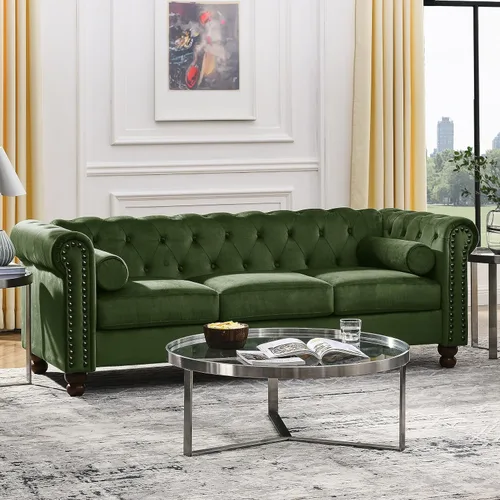 Miniatura 16 de Sofá Air de cuero copetudo para sala de estar, sofá de 3 plazas con brazo enrollado con ribete de cabeza de clavo y 2 almohadas para el cuello, sofá