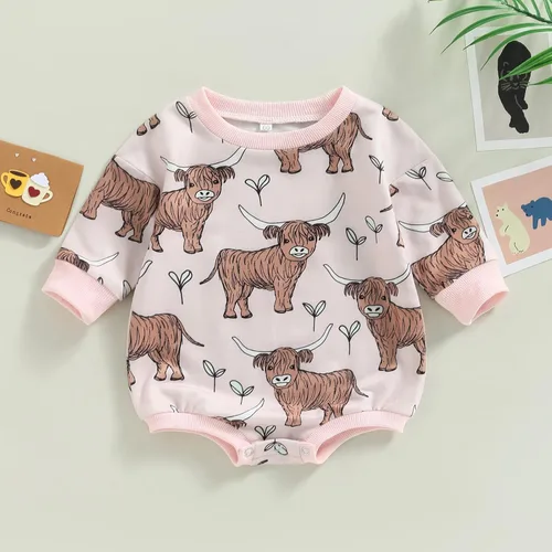 Miniatura 7 de Ropa occidental para bebé, niño, niña, sudadera con estampado de vaca de las tierras altas, mameluco de burbujas, traje de vaquero para bebé