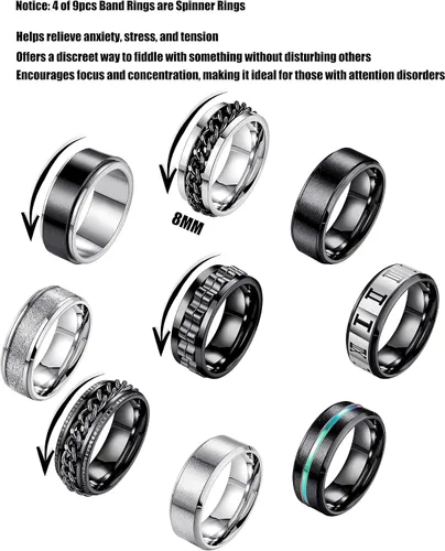Miniatura 3 de Masedy Juego de 9 anillos para hombres y mujeres, anillos de promesa de boda, anillos giratorios para ansiedad, 0.315 in