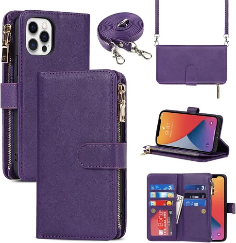 Miniatura 8 de Funda para iPhone 12 Pro Max para mujer con tarjetero, para iPhone 12 Pro Max, funda cruzada con correa para el hombro, bolsillo con cremallera