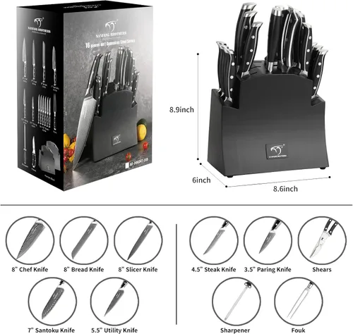 Miniatura 7 de VG10 - Juego de cuchillos de cocina de acero Damasco de 67 capas con asas de triple remache, 6 cuchillos de carne, tenedor de carne, afilador