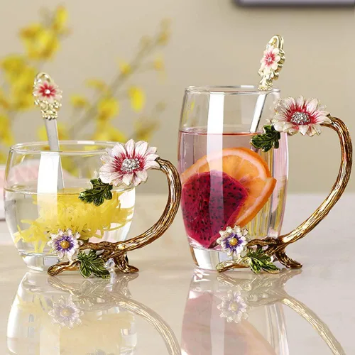 Miniatura 2 de Set de taza de té de cristal esmaltado con girasol sin plomo con cucharita, regalo para Navidad, día de San Valentín. El mejor regalo para tu madre