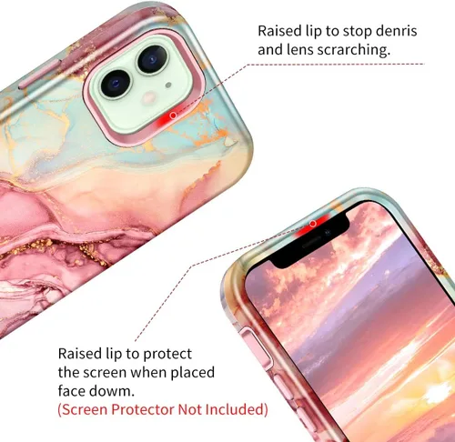 Miniatura 4 de Btscase para iPhone 12/iPhone 12 Pro, funda resistente de tres capas de mármol a prueba de golpes, cuerpo completo, PC duro + parachoques de TPU