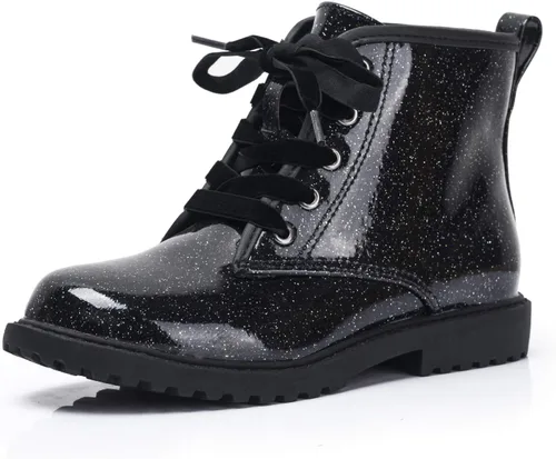 Botines con purpurina para niñas, zapatos de combate impermeables con cordones y cremallera lateral para niñas pequeñas y grandes