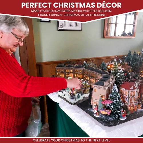Miniatura 2 de Christmas Village Grand Carnival – Aldea musical animada de nieve preiluminada con patinadores en movimiento, trineo de renos de Papá Noel, tiovivo