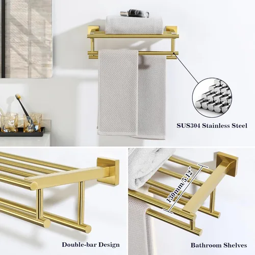 Miniatura 3 de Alise Toallero, toallero con barras dobles para toallas, soporte de torre de montaje en pared para baño y lavabo, estante de toalla de acero Dorado