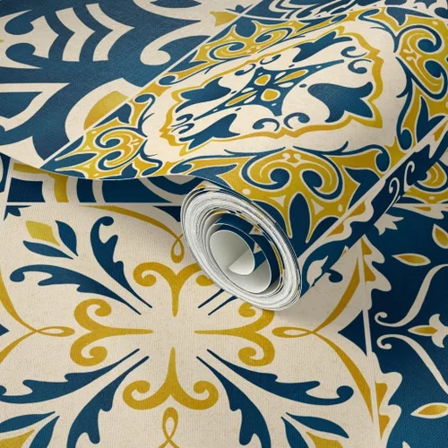 Miniatura 2 de Papel tapiz para despegar y pegar – Azulejos amarillos Limones Cheater Quilt Italiano Mediterráneo Azulejos Siciliano Karge Escala Toscana, Papel