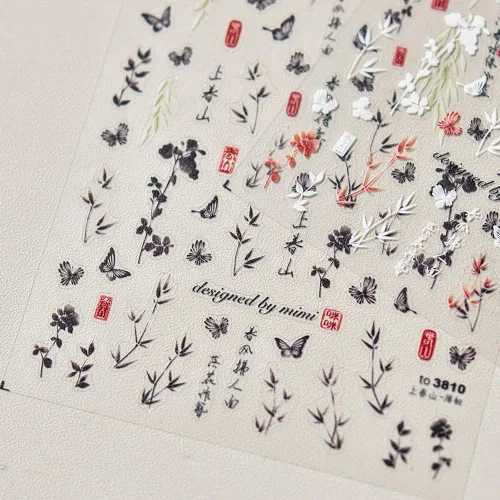 Miniatura 8 de 3 hojas de calcomanías de arte de uñas de hojas de bambú de sauce estilo chino 5D, calcomanías autoadhesivas doradas y plateadas para mujeres
