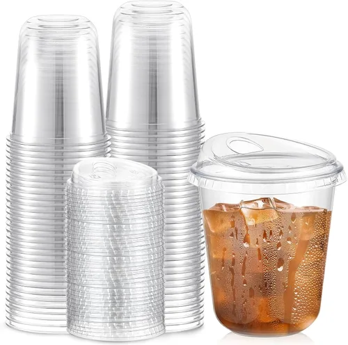 Miniatura 9 de Baderke 100 Vasos de Plástico con Tapas para Sorber Fondo Redondo Vasos de Café de Plástico Desechables con Tapas Tazas de Cristal Transparentes sin