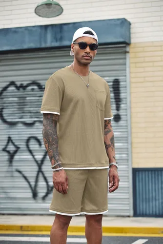Miniatura 66 de COOFANDY Conjunto de camisa y pantalones cortos de gofre para hombre, conjunto de 2 piezas, conjunto casual de verano con bolsillos