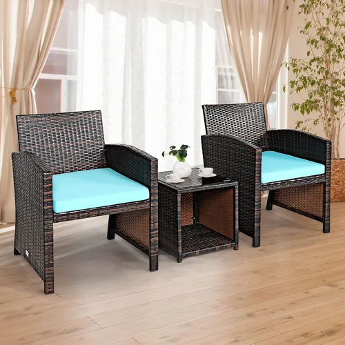 Miniatura 3 de Tangkula Juego de muebles de ratán de polietileno de 3 piezas, juego de conversación de patio con silla y mesa de café de almacenamiento, cojín