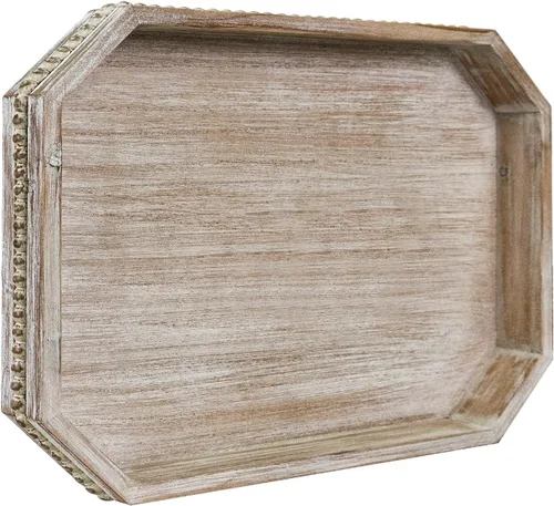 Miniatura 10 de MAONAME Bandeja de Madera para Servir, Bandeja de Madera Estilo Granja con Cuentas, Bandeja Octogonal para Servir Blanca Lavada, Bandeja de Mesa