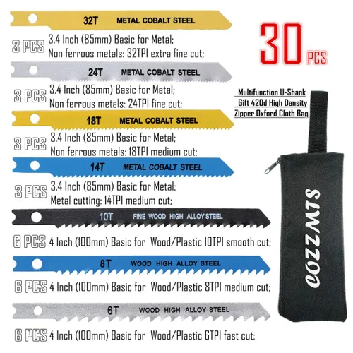 Miniatura 2 de 30 piezas de juego de hojas para sierra de calar con mango en U para corte de madera, plástico y metal, compatibles con Bosch DEWALT SKIL Black and