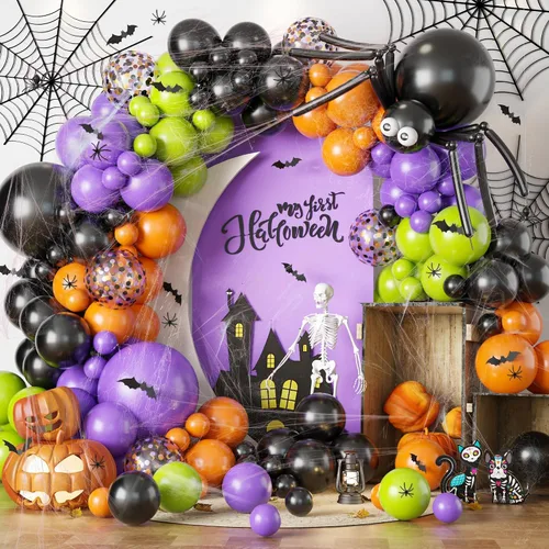 Miniatura 9 de Kit de guirnalda de arco de globos para decoración de Halloween, 101 piezas de globos de látex de confeti morado metálico y negro mate, con globos