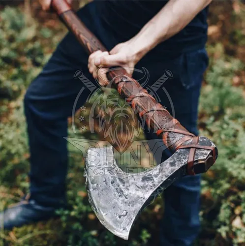SHINY CRAFTS® Hacha Vikinga Hecha a Mano Hacha Nórdica- Hacha Berserker de Dos Manos de 40" de Largo Hacha Forjada - Hacha Barbuda - con Funda VBA-08