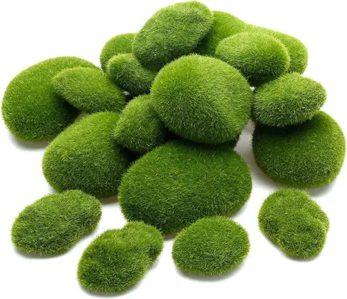 Miniatura 7 de TecUnite 20 rocas artificiales de musgo de 3 tamaños, bolas de musgo verde sintético, piedras cubiertas decorativas para decoración de jardín