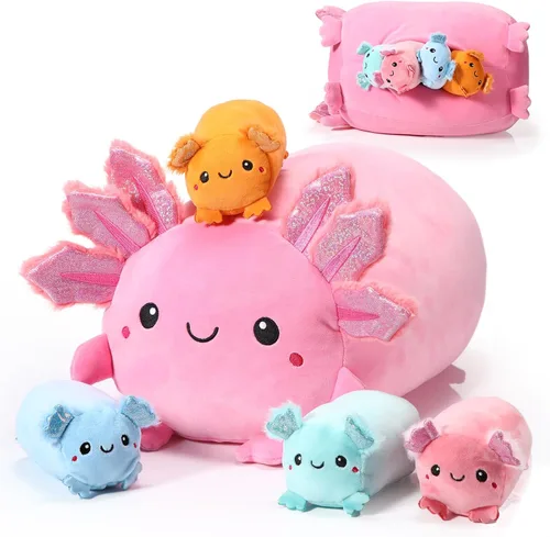Aoriher 5 piezas Kawaii Axolotl de peluche lindo de 14 pulgadas mamá axolote con 4.72 pulgadas mini almohada de peluche para adultos, regalo de