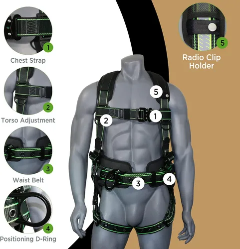 Miniatura 4 de AFP Arnés de seguridad de cuerpo completo de protección contra caídas Premium, cinturón de soporte de 8" de grosor, anillos en D de aluminio, Negro
