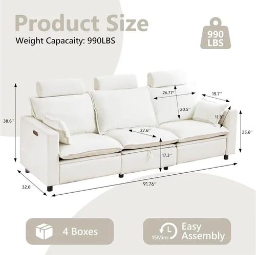 Miniatura 2 de Sofá reclinable eléctrico de gran tamaño, sofá reclinable de chenilla blanco crema con reposacabezas ajustable, almohadas, juego de muebles