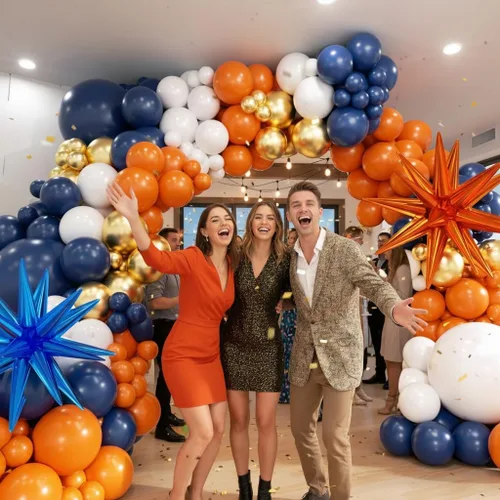Miniatura 4 de Kit de arco de globos de color azul y naranja, azul marino, naranja, metálico, dorado y blanco, globos de diferentes tamaños para niñas, cumpleaños