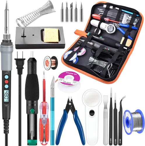 Kit de soldador electrónico, 21 en 1, soldador de temperatura ajustable de 90 W, 5 puntas de soldador, soporte de soldador, bomba de desoldadura,