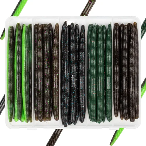 Miniatura 13 de 30/50/78/100 piezas Senko Worms Kit - Señuelos de pesca de plástico suave de 4"/5" con impregnación de sal para pesca de lubina Varios colores A