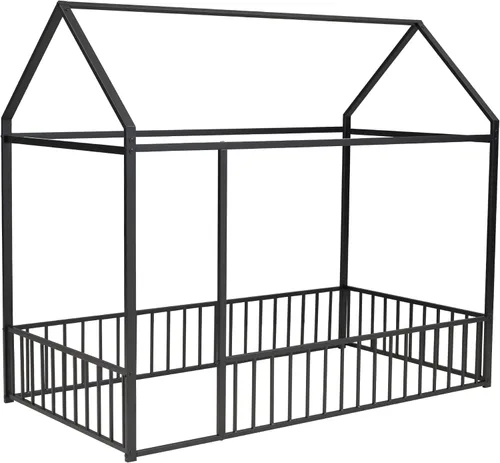 Miniatura 7 de CITYLIGHT Cama de casa tamaño individual para niños, cama Montessori de metal con diseño de valla, cama de suelo individual con rieles para niñas
