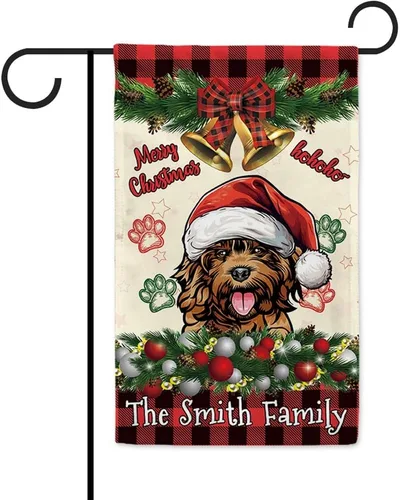 Miniatura 14 de Bandera de jardín de Navidad de 12.5 x 18 pulgadas, anillo de bola de Navidad para perro chihuahua, campana, corona, bandera de búfalo rojo, a