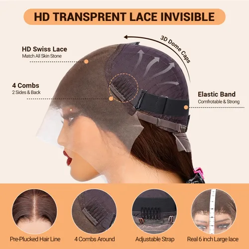 Miniatura 4 de SOPSFR Pelucas de cabello humano con encaje frontal de 13 x 6, densidad 200, pelucas de cabello humano lacio marrón chocolate con bebé alrededor