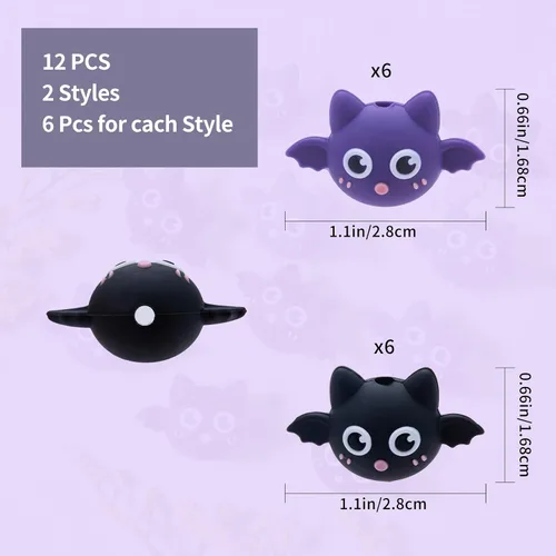 Miniatura 2 de 12 cuentas de silicona 3D de murciélago de Halloween para hacer llaveros focales a granel, animales únicos para bolígrafos, cordones, pulseras